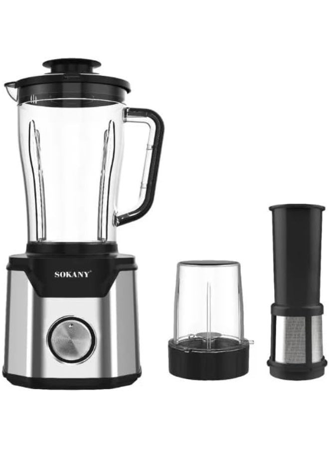 SOKANY 3-in-1 Stainless Steel Blender Set, 1000W Power, 2.5L Capacity with Grinder and Personal Cup, Model SK-03072